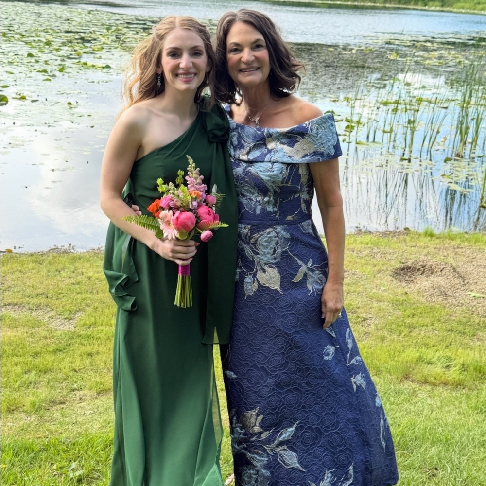 Teri Jon Blue Floral Off-Shoulder Maxi Dresses.